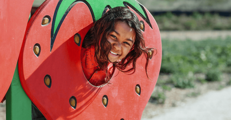 A child's face peeks through a strawberry standee
