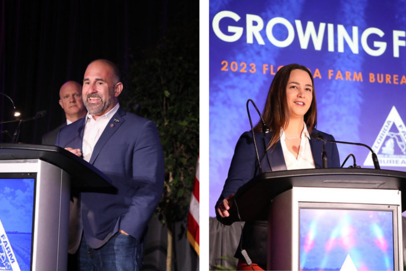 Sen. Jay Collins and Rep. Kaylee Tuck speaking at podiums during the Florida Farm Bureau Legislators of the Year presentation