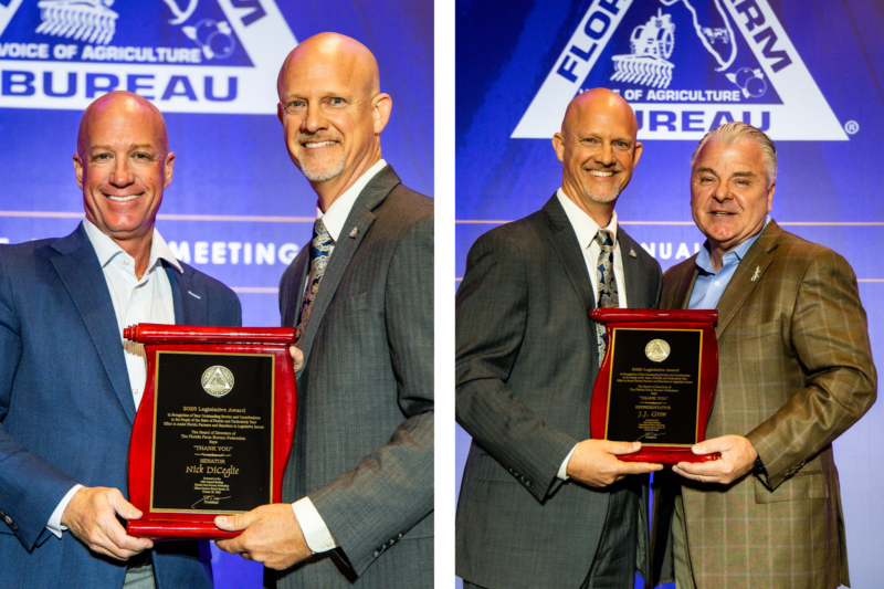 Sen. Nick DiCeglie and Rep. J.J. Grow receiving award plaques while posing with Florida Farm Bureau President Jeb Smith